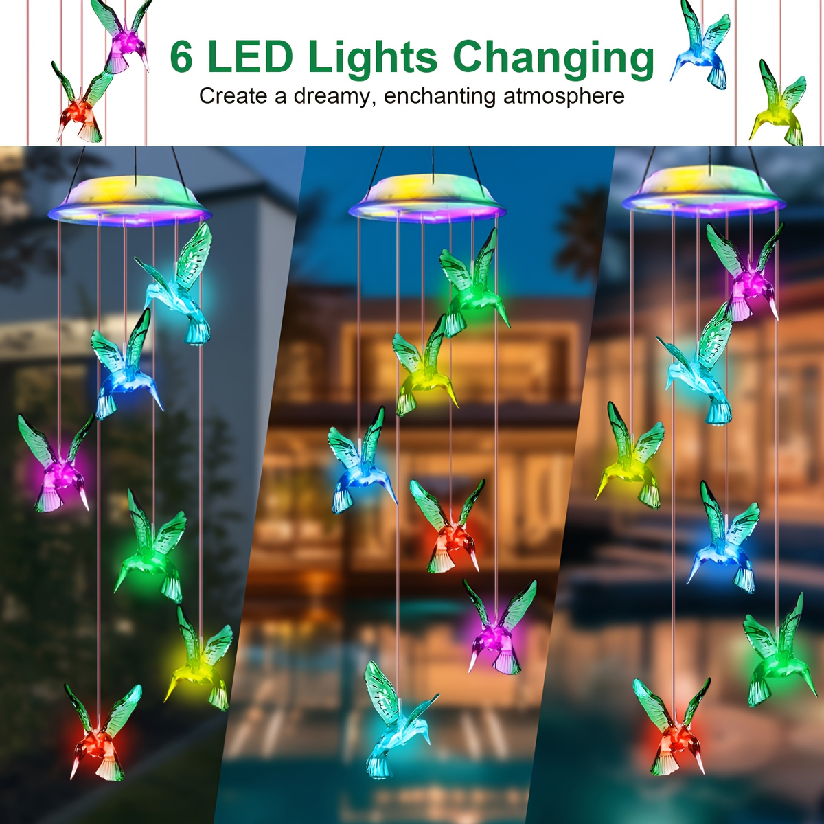 Solar Hummingbird Butterfly Pendant Light 6 LED Color, for Garden, Pathway and Patio Lighting — image 9