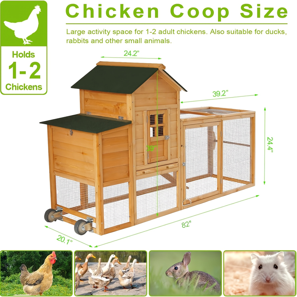Chicken Coop with Run Large Outdoor Wooden Hen House 82 Inch Walk-in Poultry Cage for 2-4 Chickens Ducks for Garden, Patio an