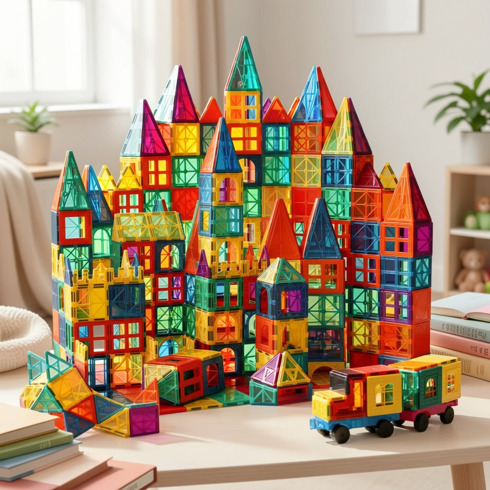 Magnetic Tiles for Kids 106/136pcs with 2 Toy Cars – STEM Approved Educational Magnet Building Blocks Set Stacking Puzzle Toy