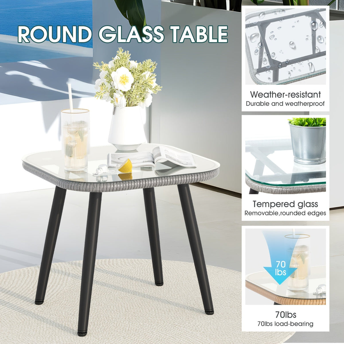 Five-Piece PE Rattan Patio Set with Two Chairs, Two Footstools, Round Glass Table and Gray-Blue Cushions — image 6