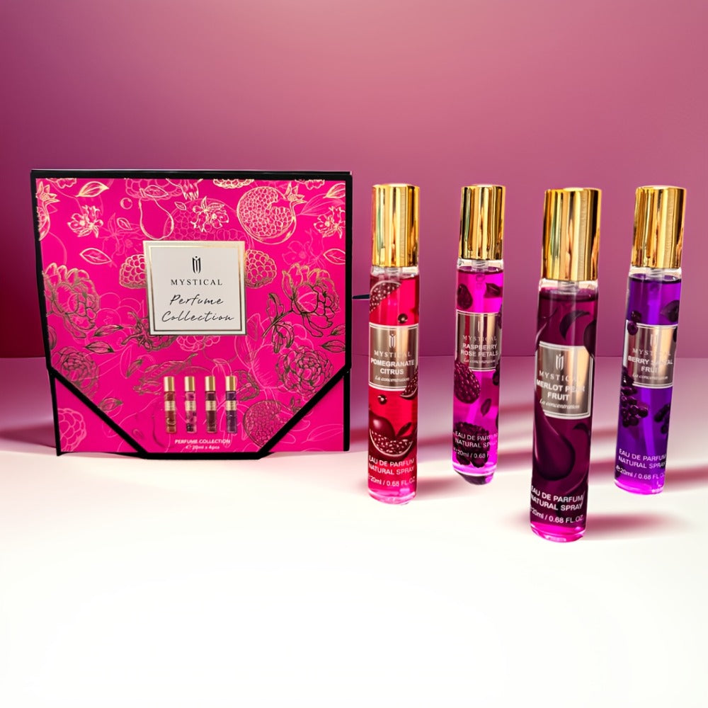 Perfume Gift Set Four 20ml Slim Spray Bottles with Gold Caps in Pink or Botanical Hinged Boxes — image 4