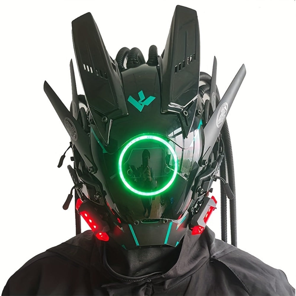LED Braided Cyberpunk Costume Helmet with Circular Face Light and Blue, Green or Pink Accent Styles — image 5
