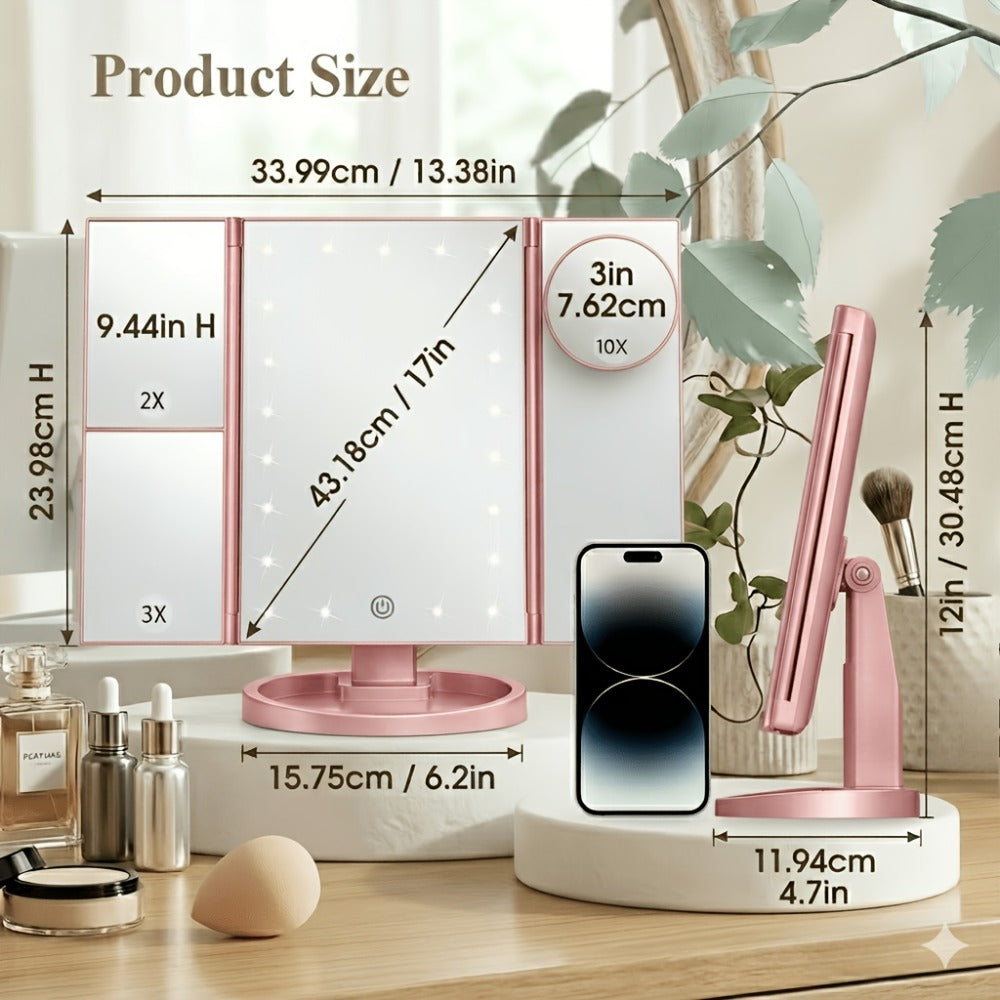 Vanity Mirror with Lights Tri-Fold 21 LED Lighted Makeup Mirror Touch Control 1X 2X 3X 10X Magnification 360 Rotation Dual Po