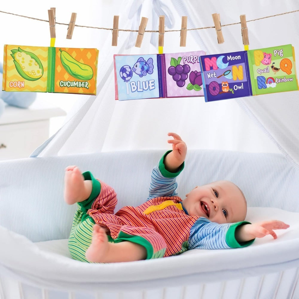Baby Cloth Books Set of 12, Crinkle Fabric Bath & Sensory Books for Infants & Toddlers, Touch-and-Feel Early Learning First B