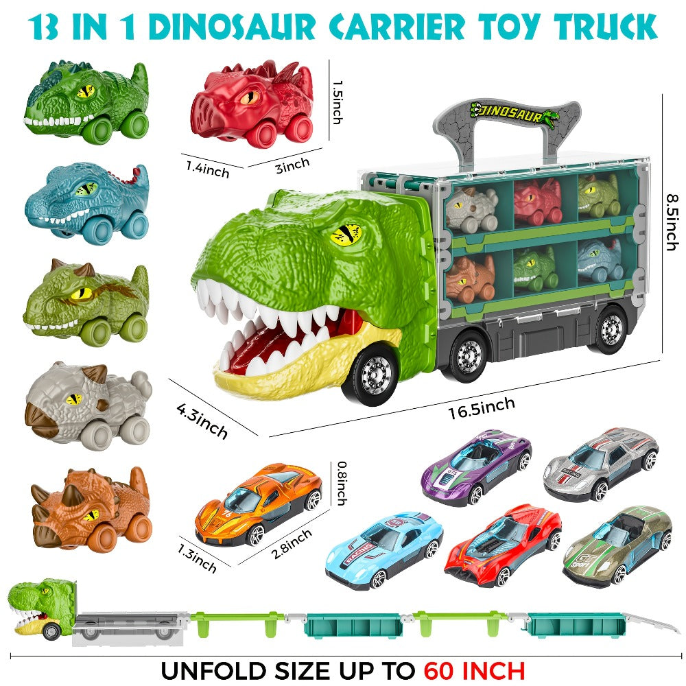 Dinosaur Truck Toys 13-in-1 Transport Carrier with 63-Inch Foldable Race Track, 6 Dino Cars + 6 Die-Cast Cars — image 3