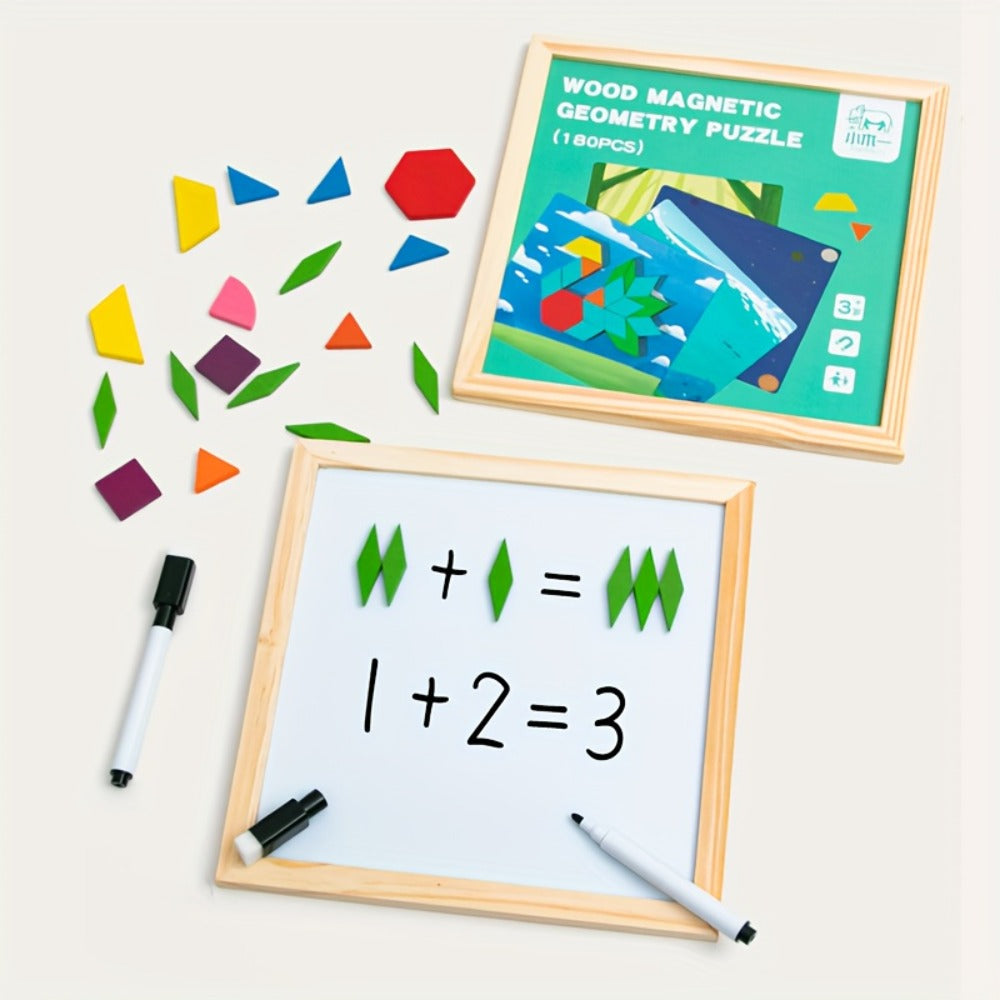 Magnetic Wooden Puzzle Blocks 128 180 220 Piece Set, Geometric Figures Cognitive Learning STEM Toy for Kids — image 15