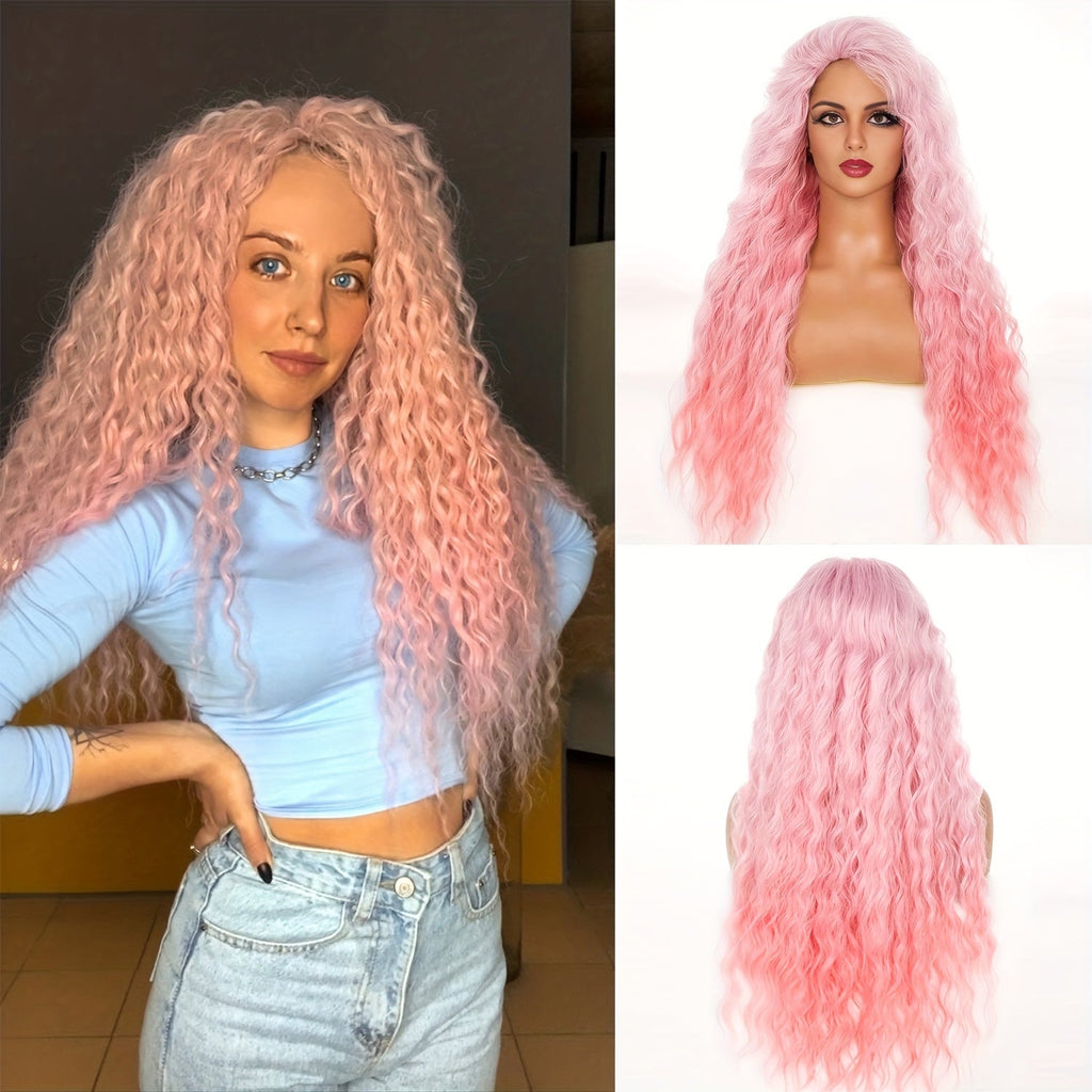 Synthetic Wig 30-Inch Long Curly Waves with Dark Roots, Middle Part and Three Ombre Colors — image 14