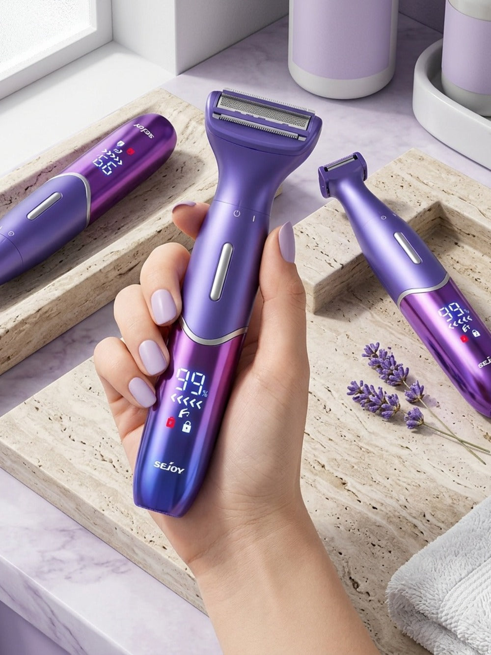 Six in One Bikini Trimmer and Electric Razor for Women and Men, Wet Dry Grooming Set in Purple — image 7