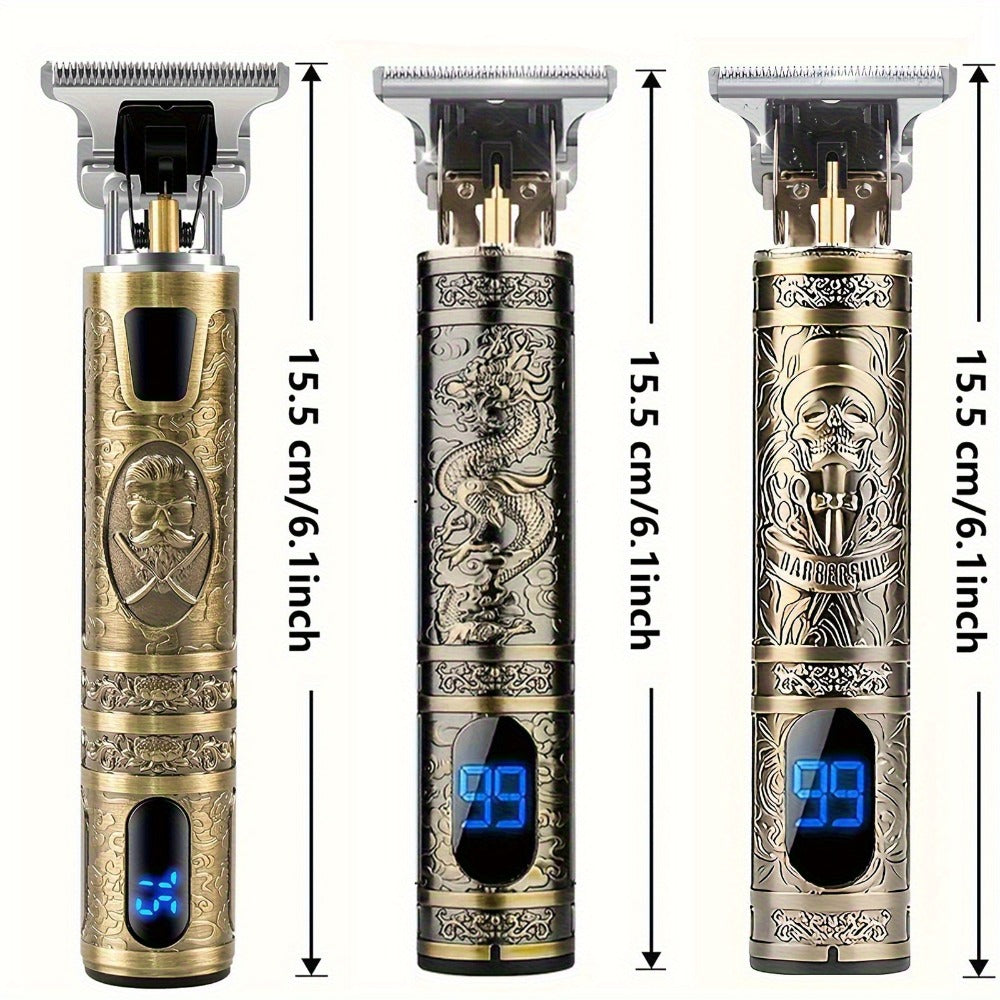 Hair Clippers & Trimmers Vintage Gold T-Blade Model with LCD Display, USB Charging and Three Etched Designs — image 6