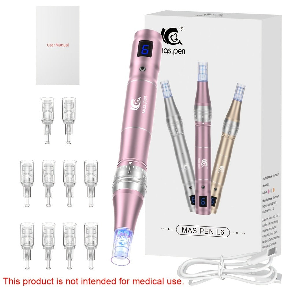 L6 Pink Microneedling Pen Kit with 10 Replacement Tips, Six Speed Levels and USB Charging Cable — image 1