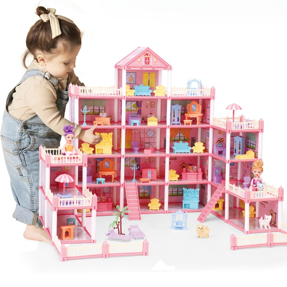 Princess Doll House Castle with Furniture & Accessories, Pink or Blue Mini Villa Playset 14 to 27 Rooms — image 11