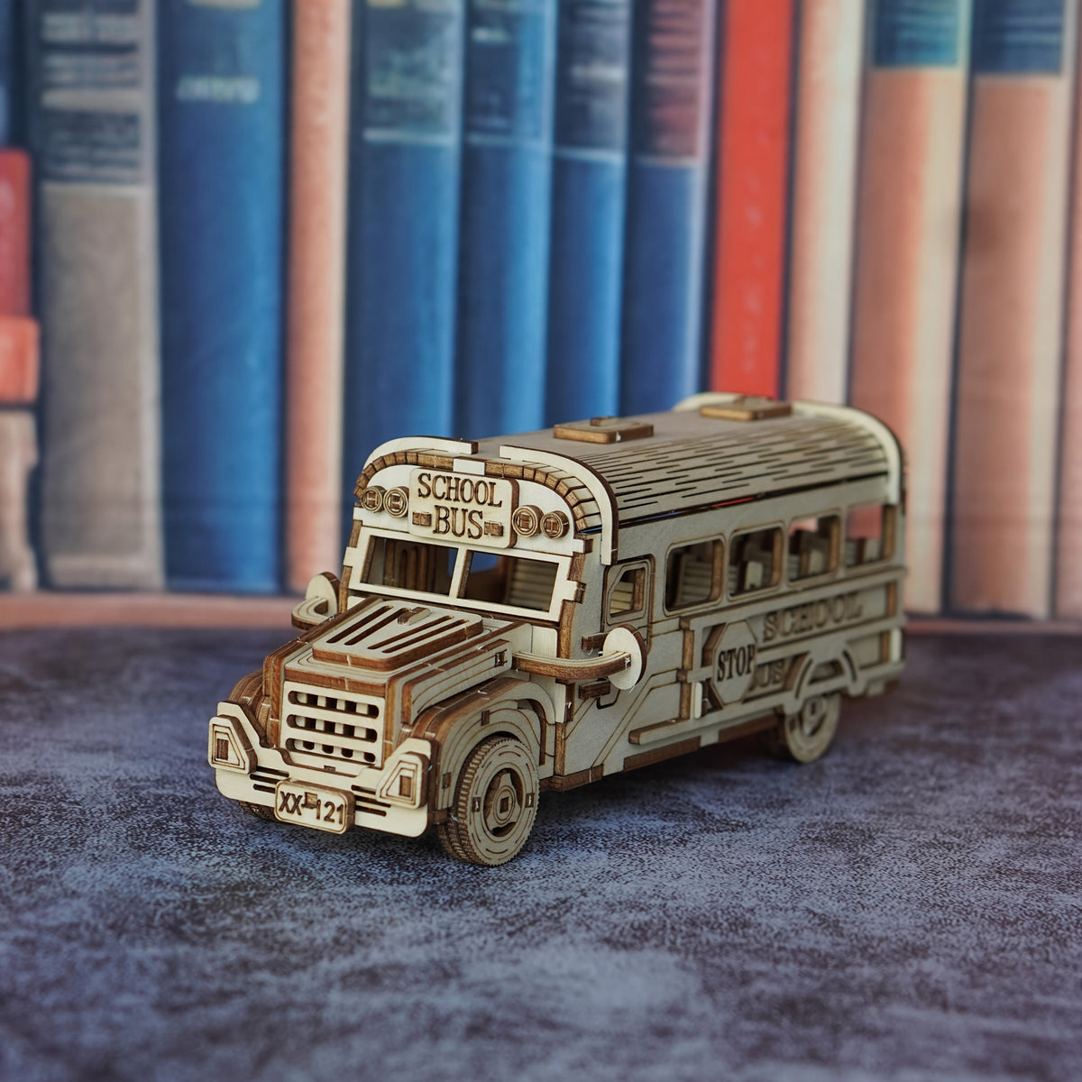 Wooden School Bus Model Kit with Laser-Cut Panels, Rolling Wheels and 20.5 cm Display Length — image 7