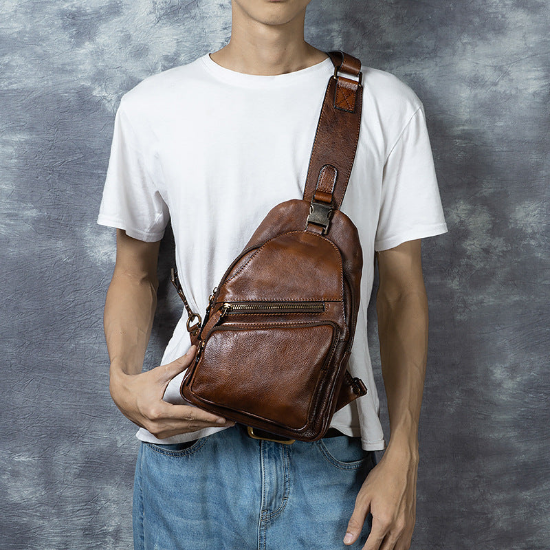 Men's Chest Crossbody Genuine Leather Retro Hand-rubbed Large Capacity Messenger Bag
