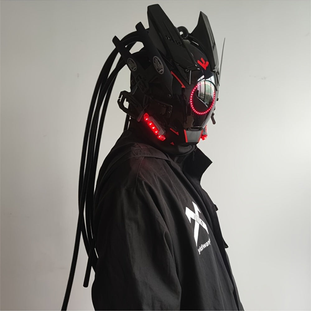 LED Braided Cyberpunk Costume Helmet with Circular Face Light and Blue, Green or Pink Accent Styles — image 18