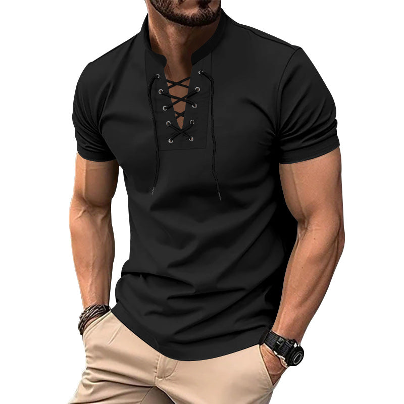 Men's Thin V-neck V-tie Casual Sporty Short Sleeve