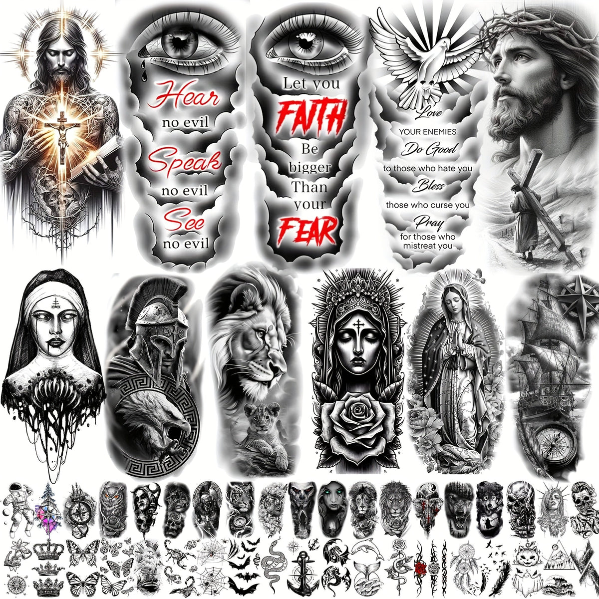 Temporary Tattoos, 68-Sheet Faith and Quote Set with Prayer, Peace, Lion, Eye and Tribal Motifs — image 9