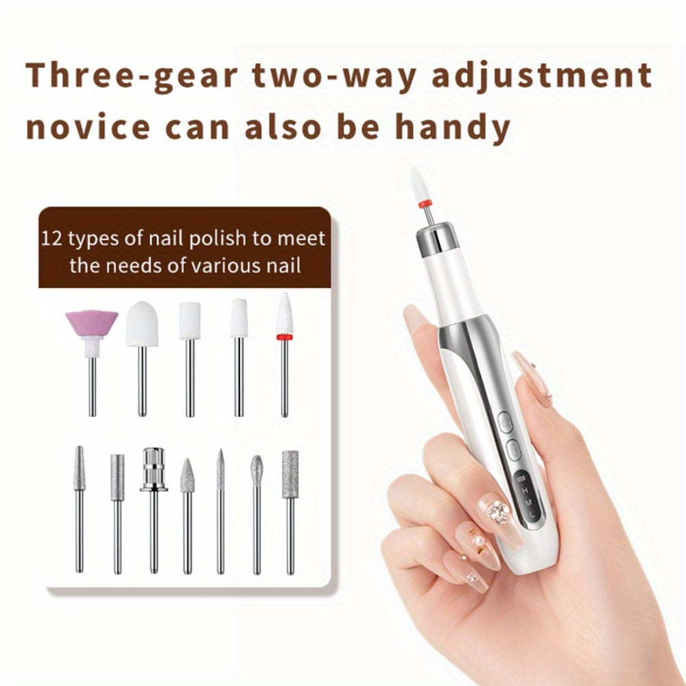 Electric Nail Drill Cordless USB Rechargeable Pen with Bit and Sanding Band Set in Gold or White — image 11