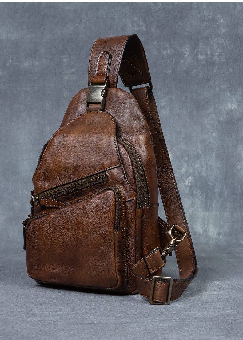 Men's Chest Crossbody Genuine Leather Retro Hand-rubbed Large Capacity Messenger Bag