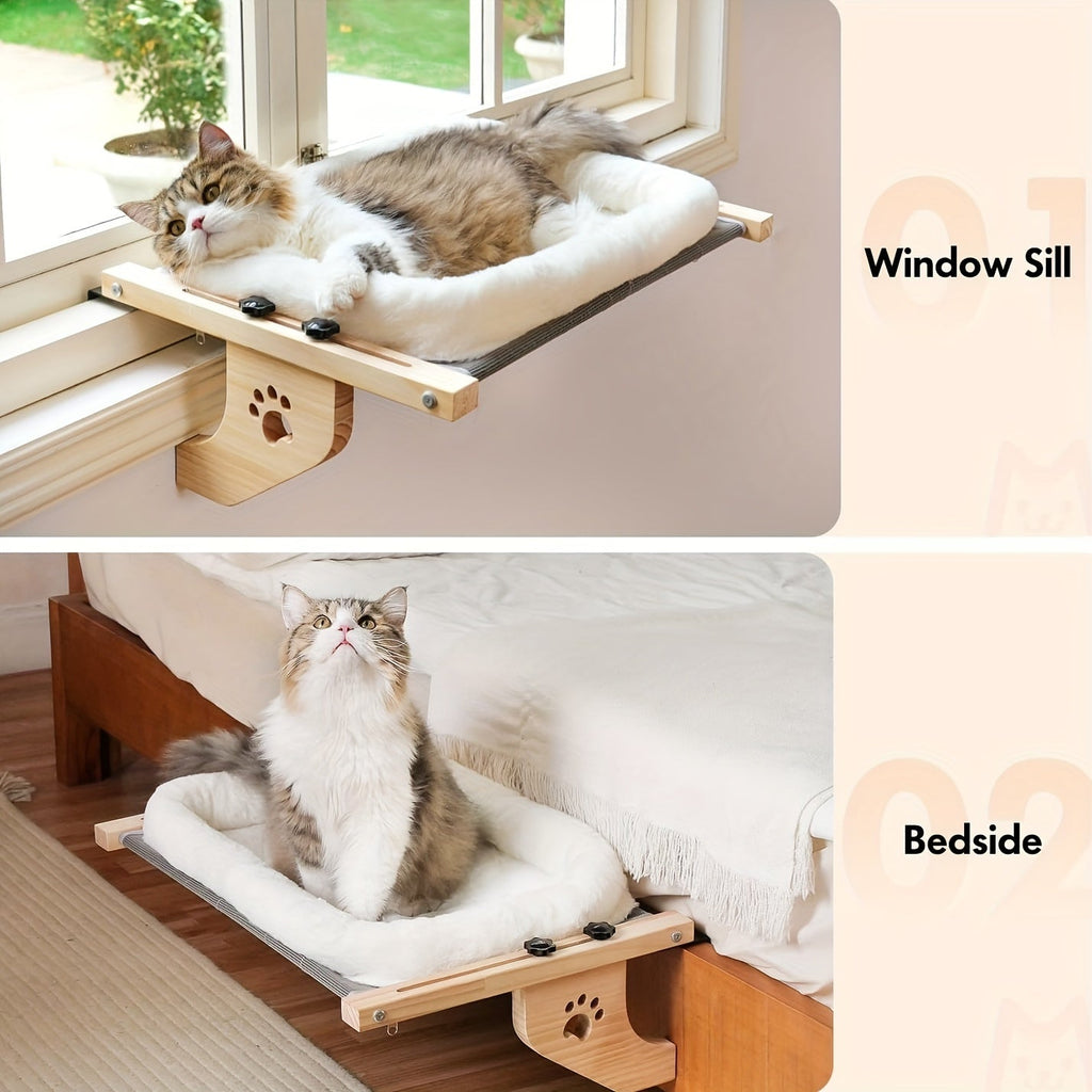 Padded Cat Windowsill Perch with 55x38cm Wood Platform, Metal Hooks, Rubber Pads and Adjustable Fit — image 2