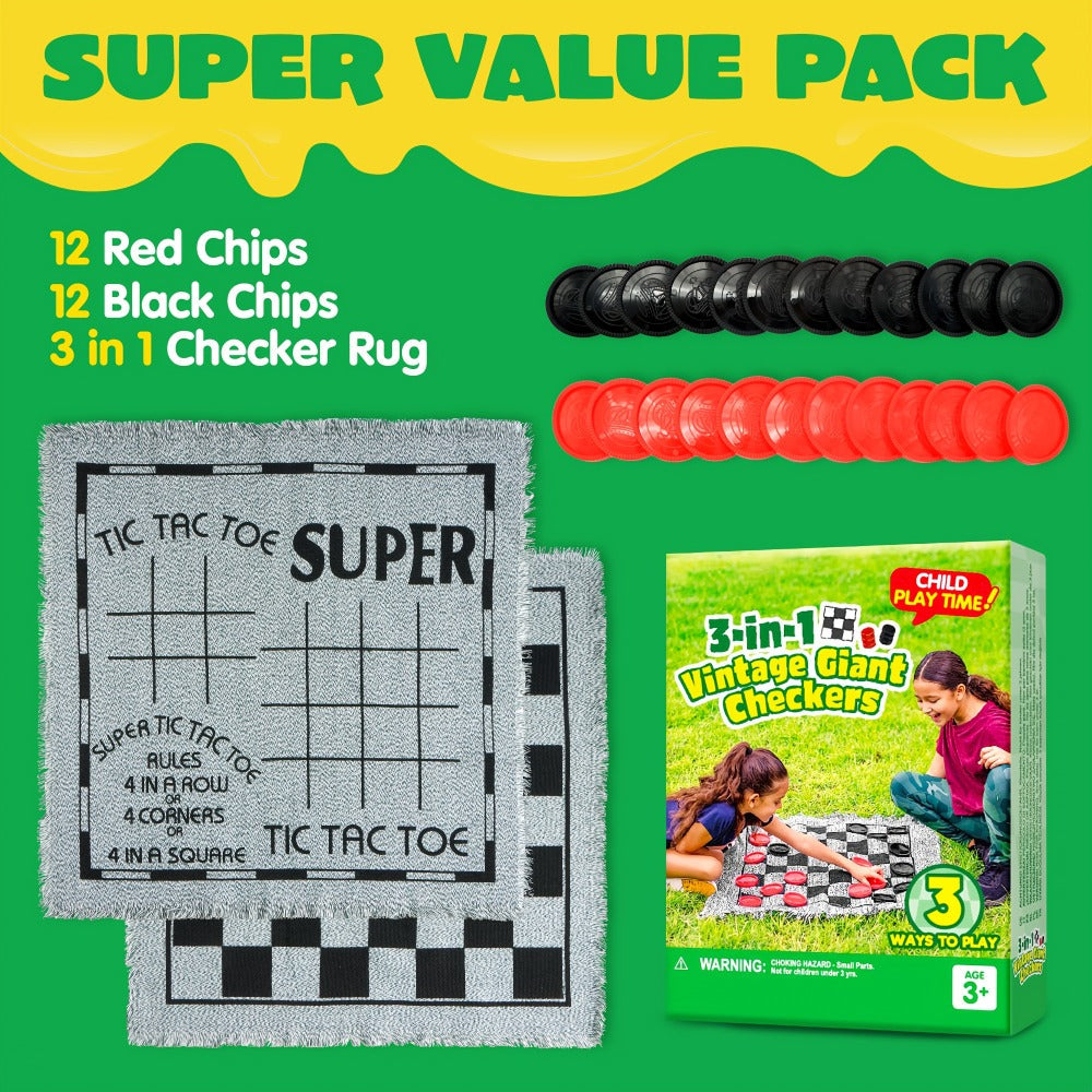 Giant Checkers Game 3-in-1 Set with Tic Tac Toe Reversible Mat 24 Oversized Pieces – Indoor Outdoor Family Board Game for Kid