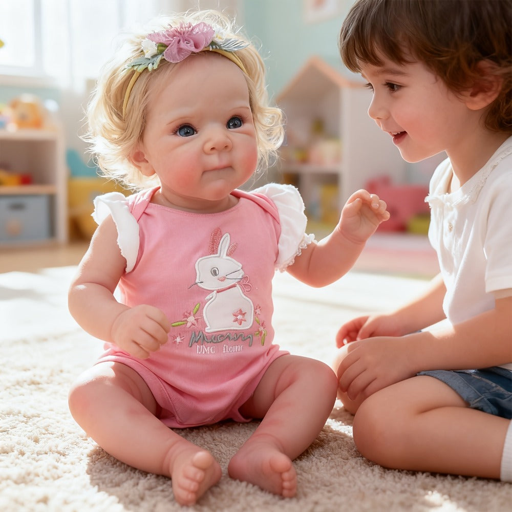 Reborn Baby Doll 16-Inch Cloth Body with Rooted Blonde Hair, Open Eyes, Pink Romper and Pacifier Set — image 10