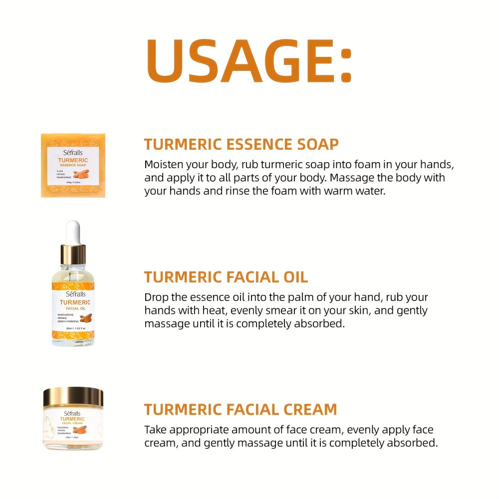 Turmeric Skincare Set 3 Pcs – Turmeric Face Cream, Facial Soap & Essential Oil Kit for Deep Pore Cleansing, Brightening & Moi