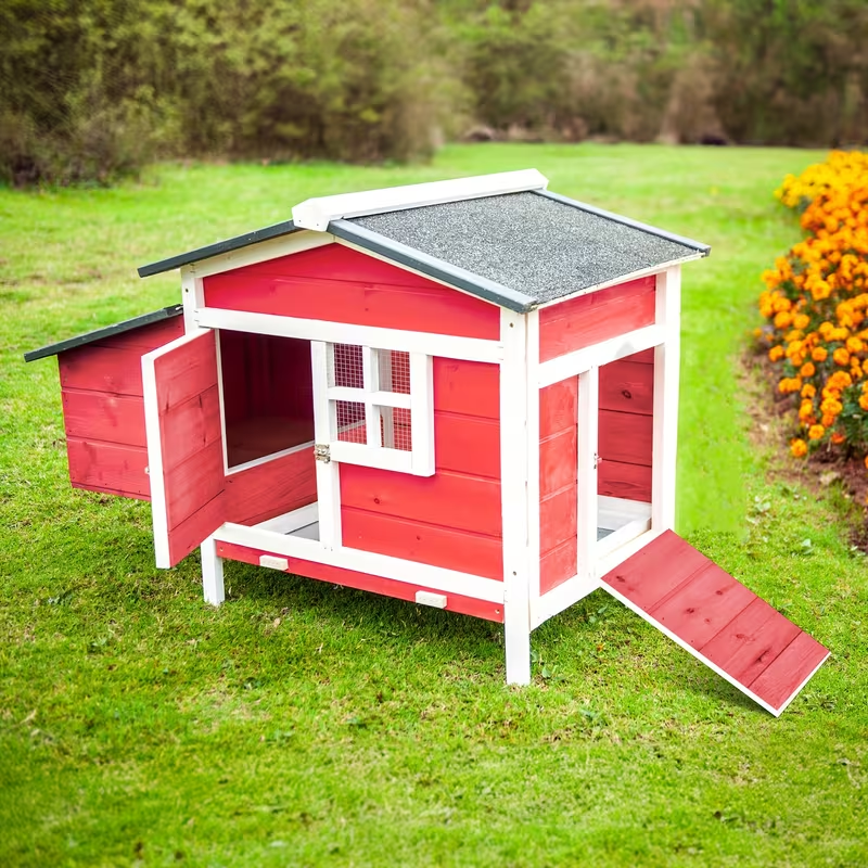 Hen House Outdoor Wooden Chicken Coop with Nesting Box Ramp Removable Tray Elevated Design Fir Wood for Garden, Patio and Yar