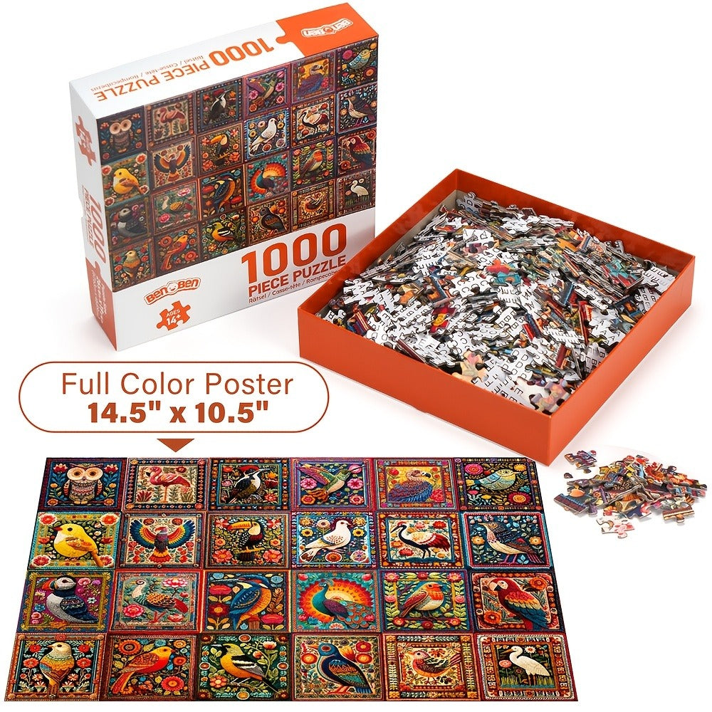 1000 Piece Bird Puzzle for Adults Bird Crochet Design – Challenging Animal Jigsaw with Letters on Back, Family Game Night Hom