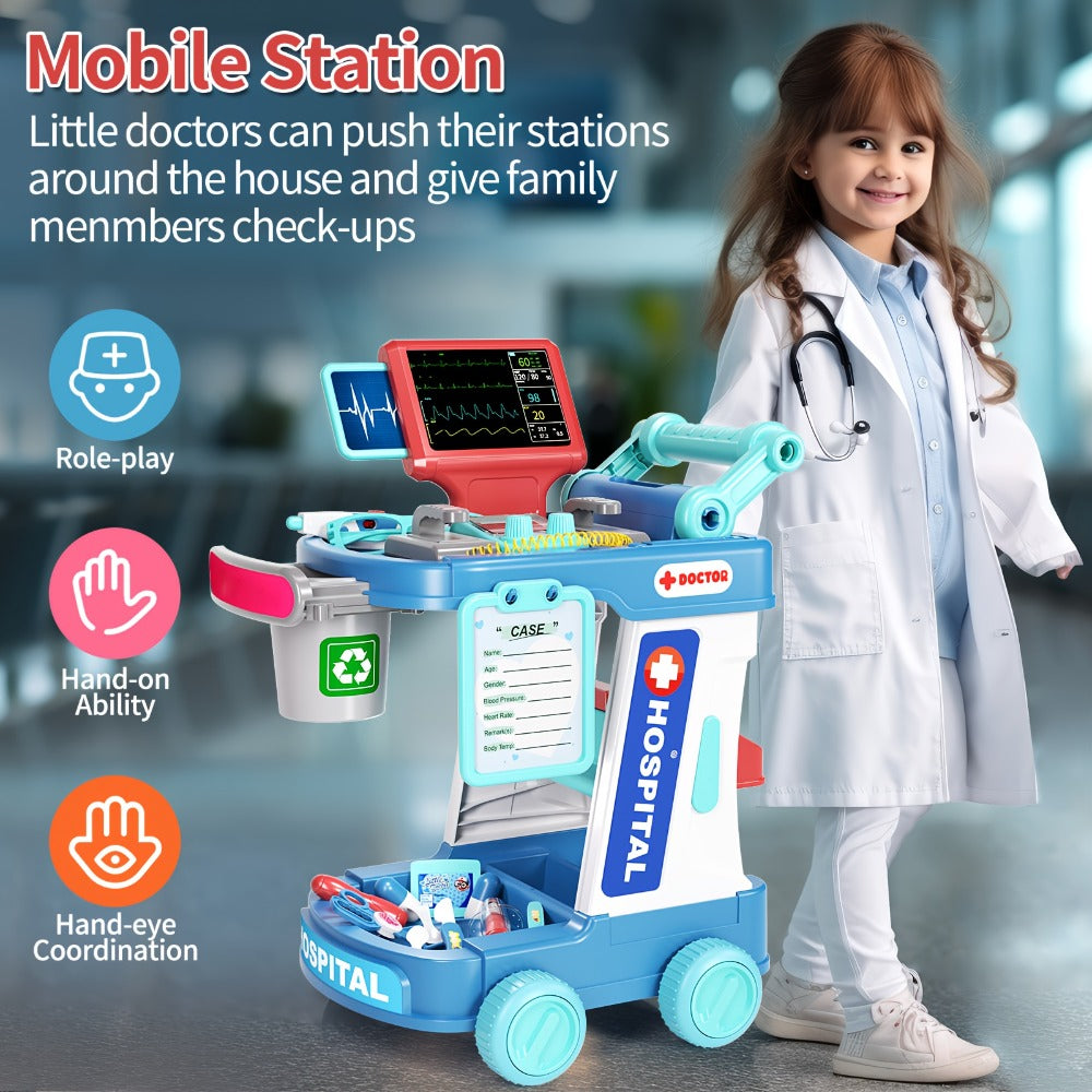 Kids Doctor Kit with Medical Cart Set, Movable Toy Trolley, Stethoscope, Thermometer & Accessories — image 6