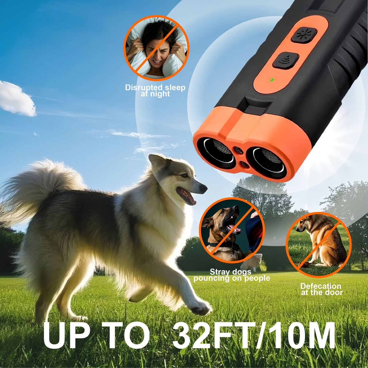 Ultrasonic Dog Device - Handheld Bark Control with Dual-Head System, LED Light & One-Touch Operation for Small Medium Large D