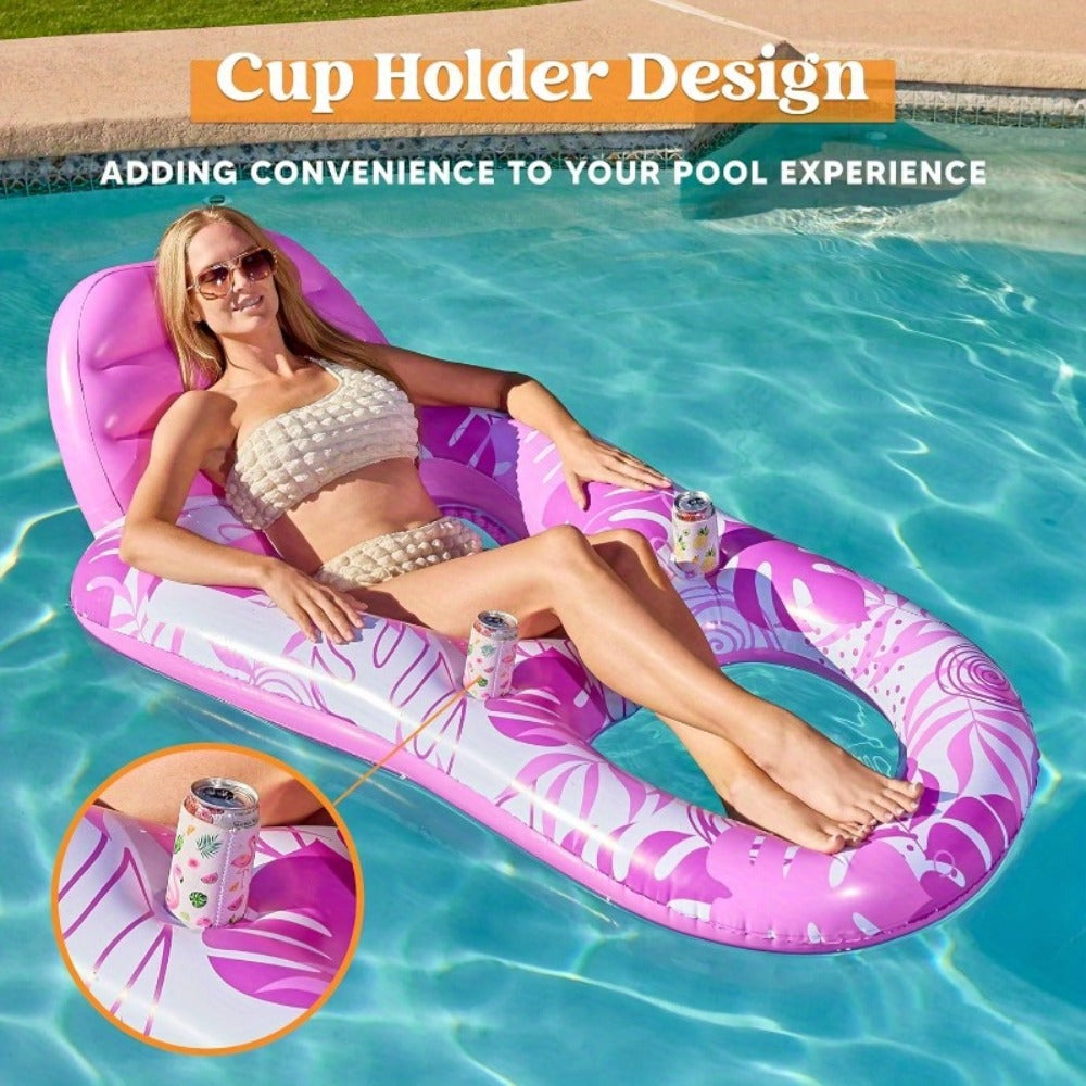 Pink Tropical Inflatable Pool Recliner Float, 60 x 36 x 24 Inches with Mesh Seat and Cup Holder — image 2