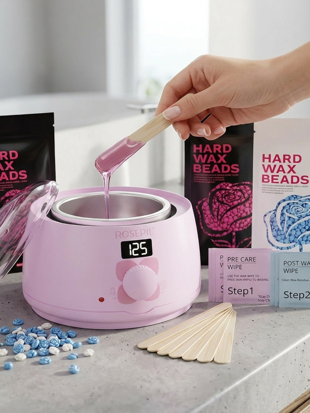 Wax Hair Removal Kit Digital Wax Pot with 6 Wax Bead Packets – Smart Temperature Control Salon-Grade Waxing Set for Body Biki