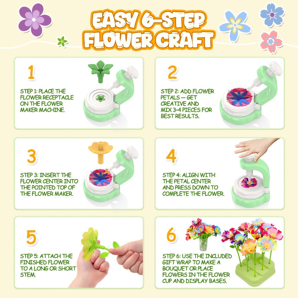 Flower Bouquet Maker Craft Kit with Hand-Operated Tool, Fabric Petals, Stems, Centers and Display Bases — image 6