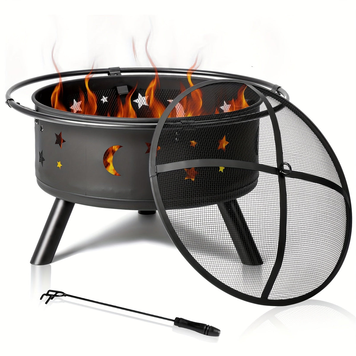 Square Fire Pit Table 32 Inch Metal Wood Burning Outdoor Fire Pit with Mesh Lid, Poker & Tabletop for Backyard Patio Garden G