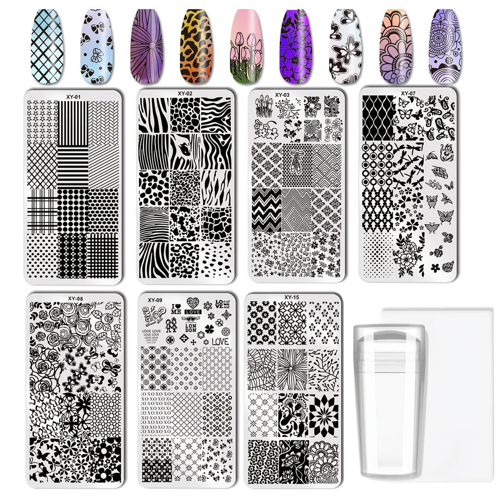 Nail Stamping Plate Set 9Pcs with 7 Mixed Design Stainless Steel Plates – Complete Nail Art Stamp Kit with Stamper & Scraper 