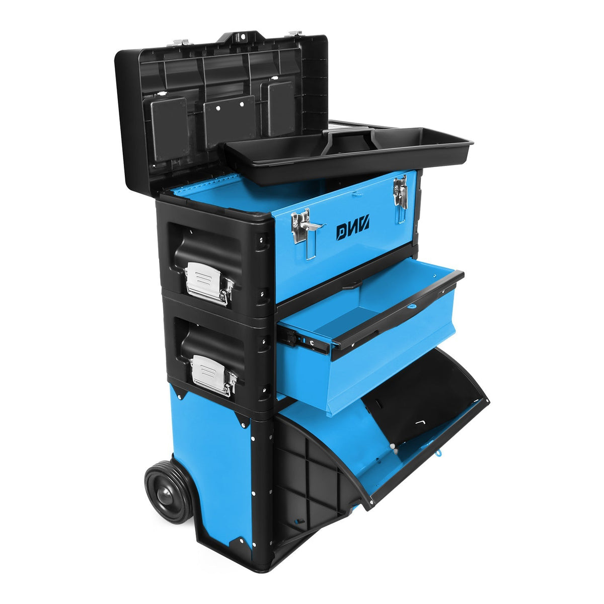Rolling Tool Box 3-Tier Stackable Portable Toolbox with Wheels 19.5x12x28.5 Inch Steel PP 3-in-1 Detachable Compartments Meta