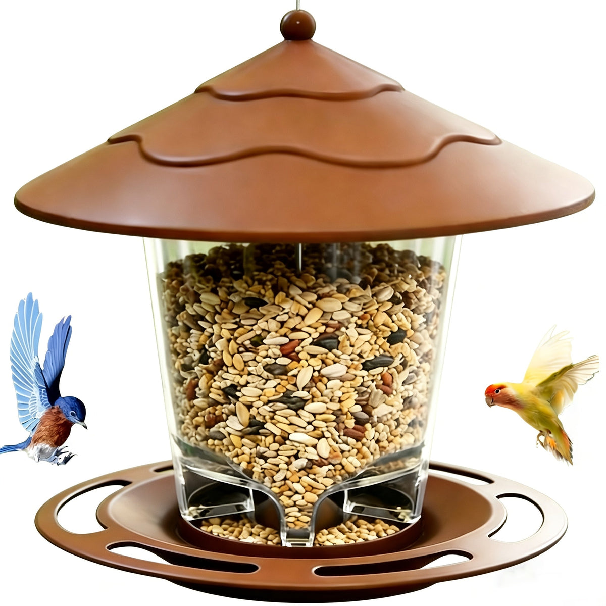 Hanging Bird Feeder with Tiered Roof, Clear Seed Chamber and Brown, Grey or Green Finish Options — image 3