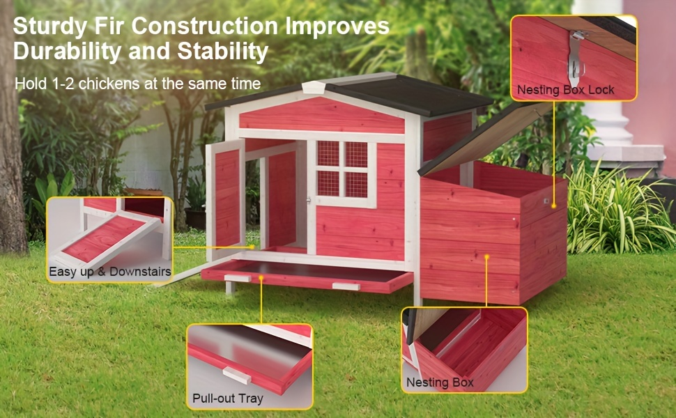 Hen House Outdoor Wooden Chicken Coop with Nesting Box Ramp Removable Tray Elevated Design Fir Wood for Garden, Patio and Yar