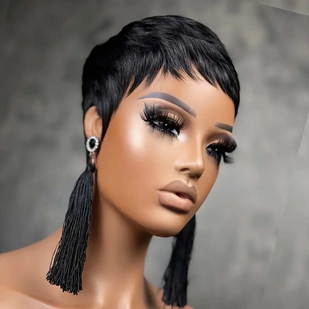 4-Inch Straight Layered Pixie Human Hair Wig in Black with 150% Density and Machine-Made Rose Net Cap — image 2