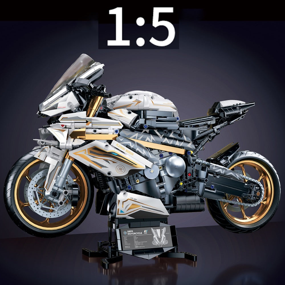 Motorcycle Building Blocks Model Kit 1:5 Scale 2000+ Pieces, Platinum Gold & White Collectible Brick Motorbike Display Set — 