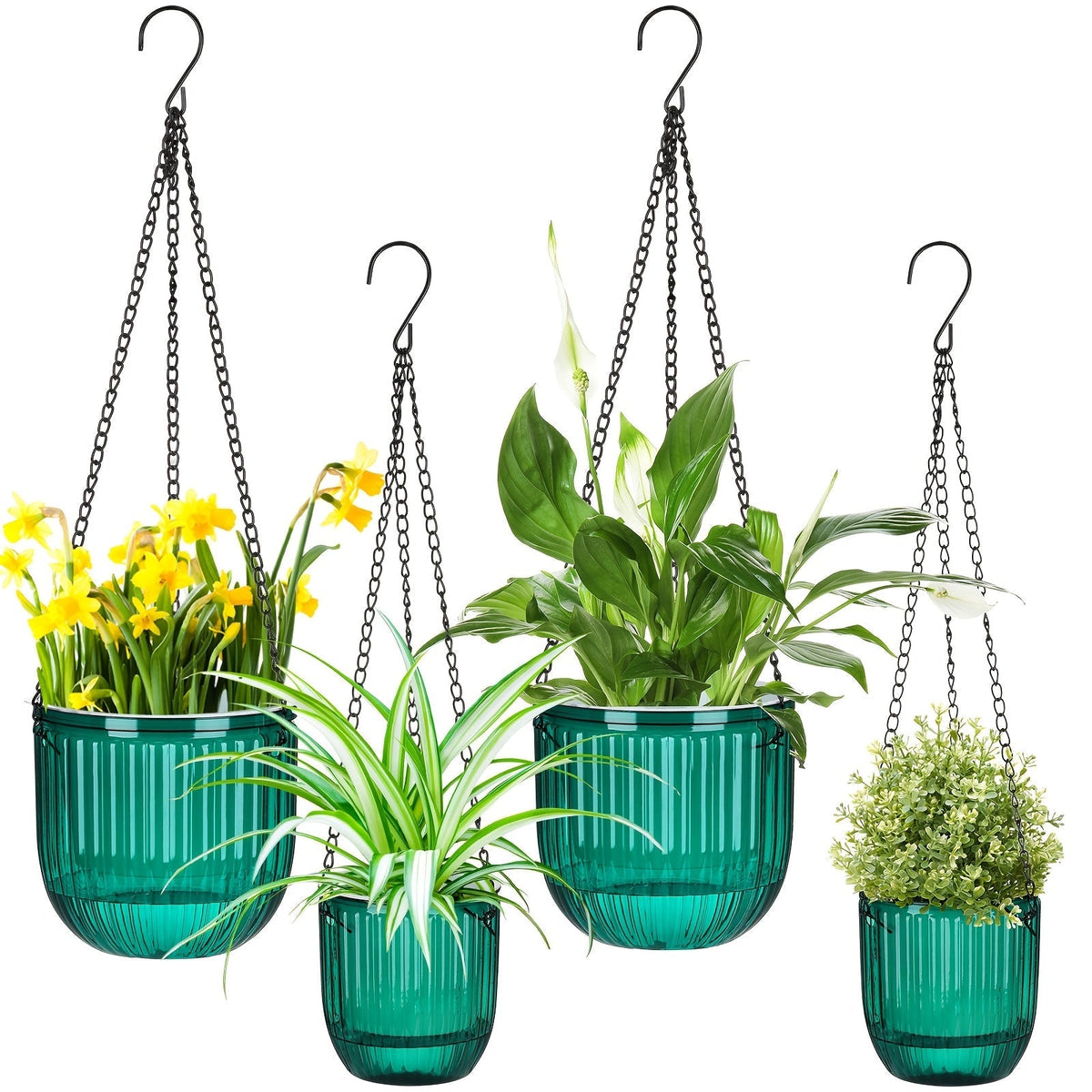 Self Watering Hanging Planters Set of 4 – 6.5" & 4.5" Hanging Flower Pots with 3 Hooks & Drainage Holes for Indoor Outdoor Ho