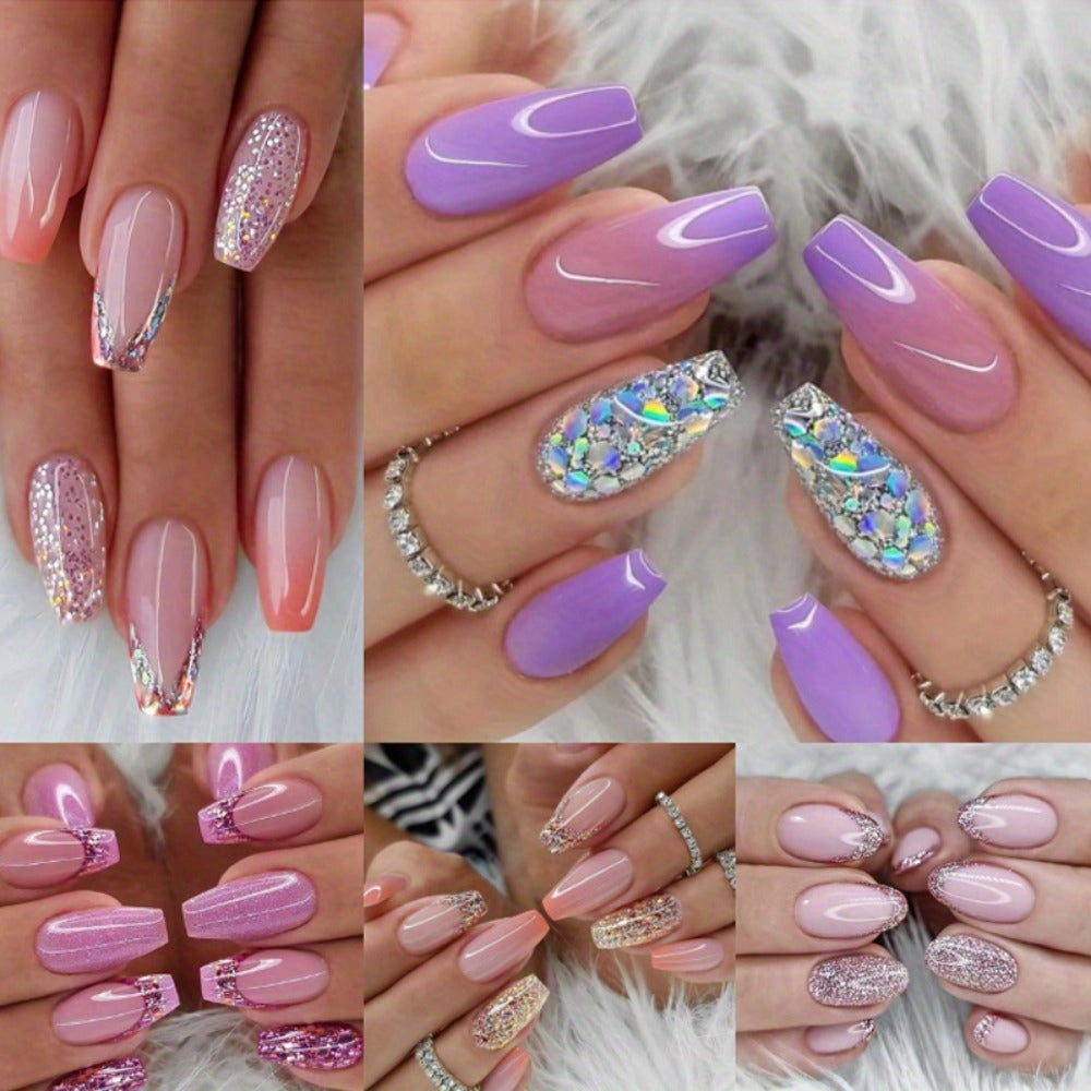 Press On Nails 120-Piece Medium Coffin Five-Pack Pinkish Purple Glitter Sequin Glossy Full-Cover Set — image 11