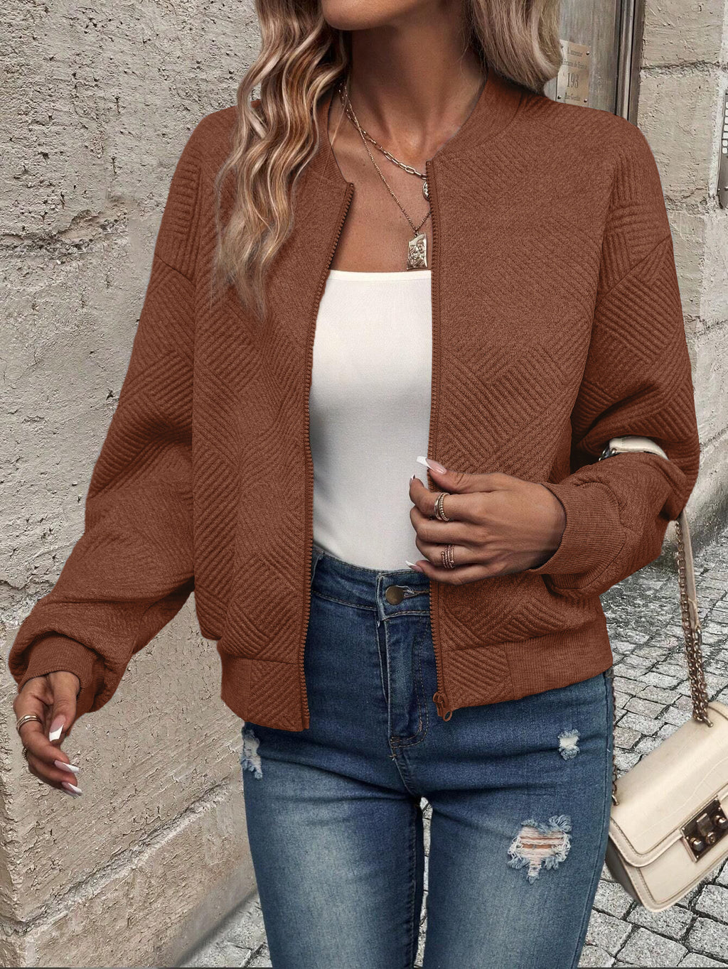 Solid Color Zipper Jacket Coat For Women