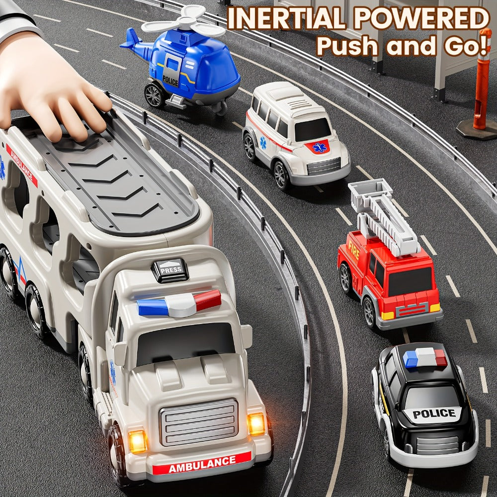 Ambulance Truck Toy Set for Boys, 5-in-1 Friction Power Carrier Truck with Lights & Sounds — image 7