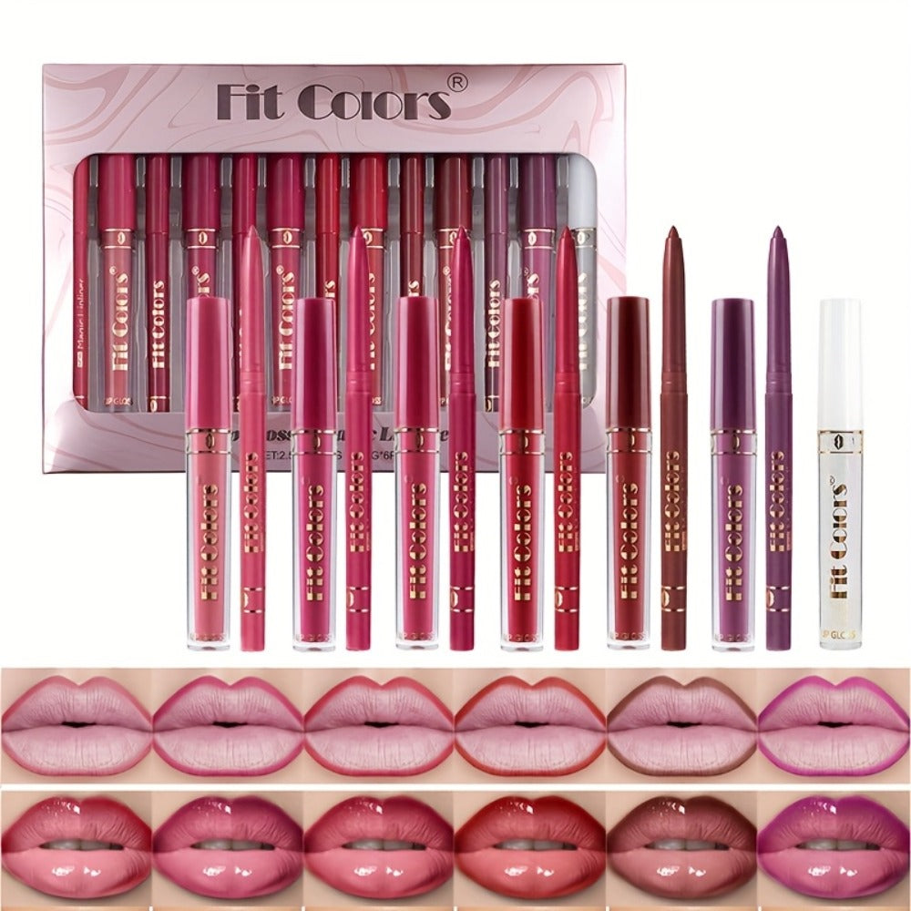 Lip Liner and Lip Gloss Kit 13 Piece Matte Non-Stick Waterproof Pigmented Long-Lasting Moisturizing Lip Glaze Combo Set for D