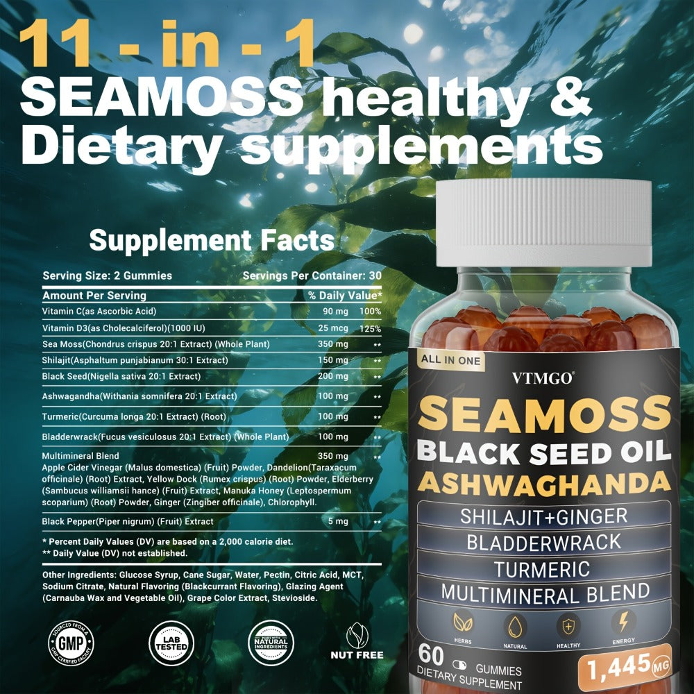 Sea Moss Gummies 1445mg with Shilajit Black Seed Oil Ashwagandha Elderberry Chlorophyll Turmeric Bladderwrack Ginger — image 