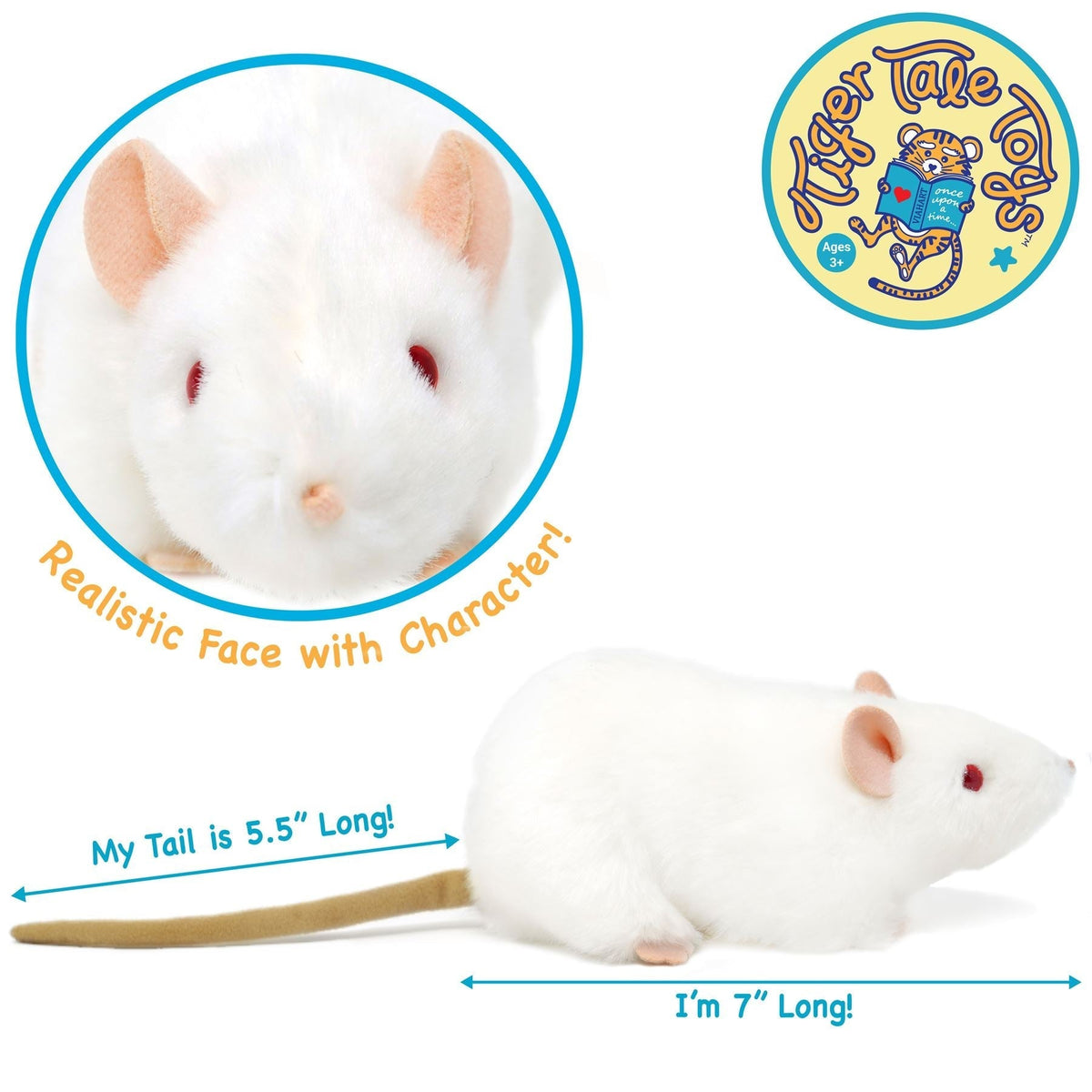 Plush Toy Wylie Realistic White Rat 7-Inch Stuffed Animal with Character Story for Character Display, Room Decor and Gift Pre