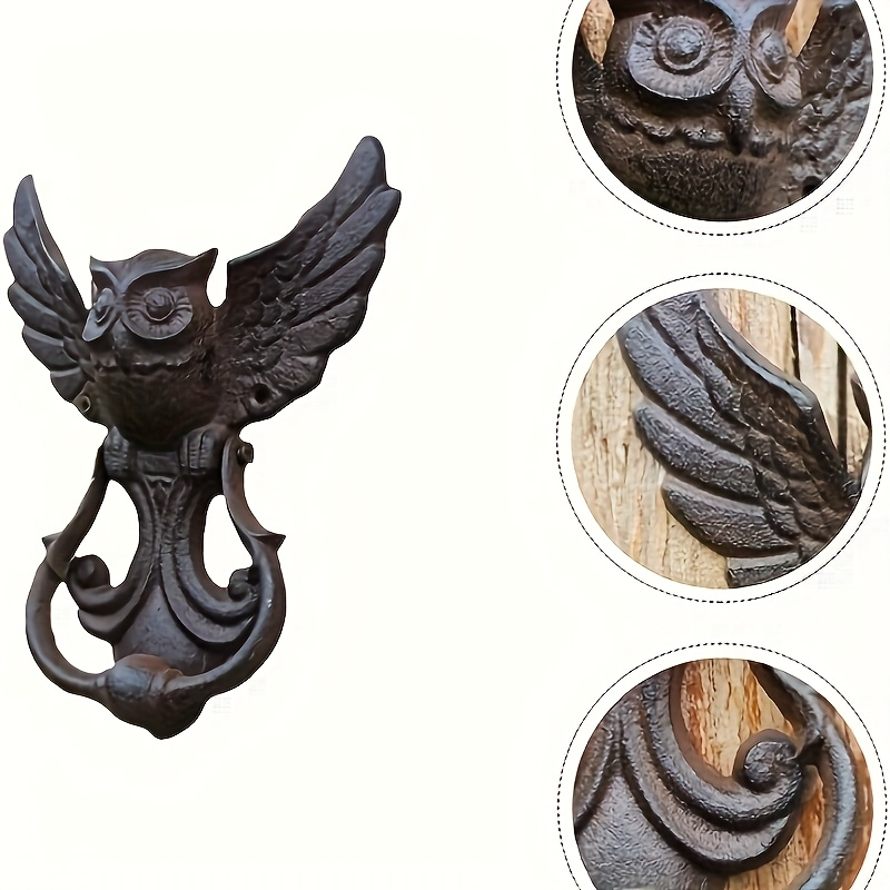 Owl Door Knocker Heavy Duty Cast Iron Winged Old Country Style Feather Detail Rustic Home Entryway Decoration Craft Gift — im