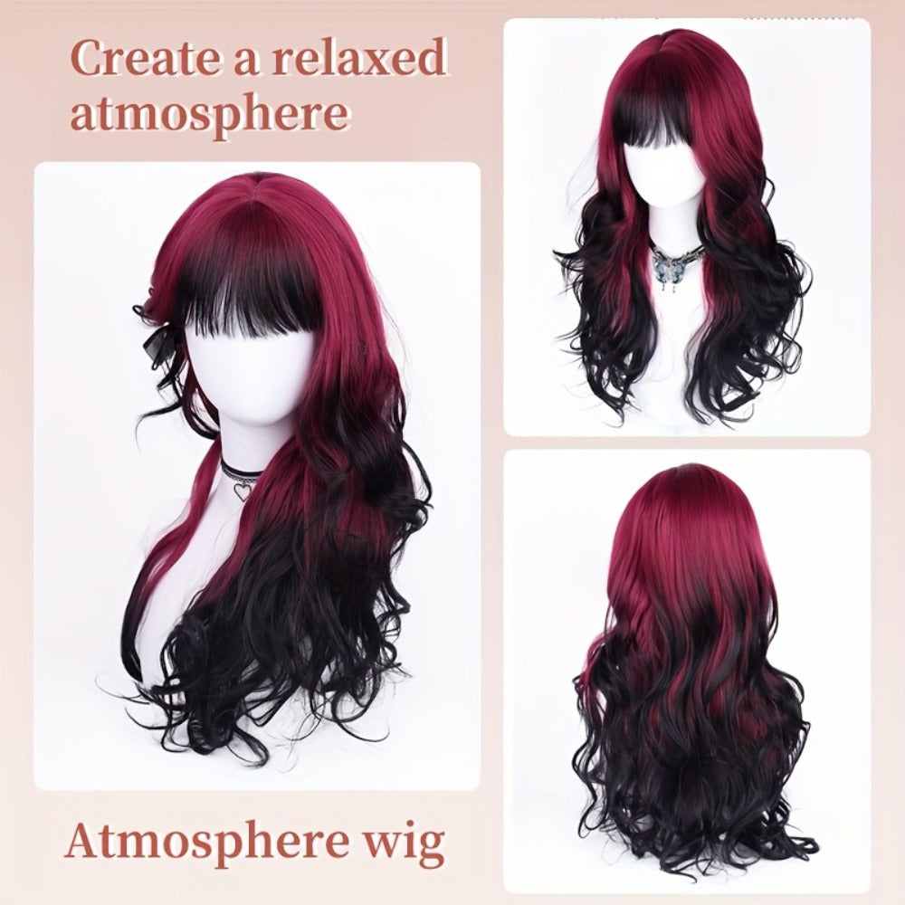 Long Curly Wig Black Red Highlights 28 Inch Wavy Synthetic Rose Net Cap Glamorous Voluminous Hair for Women Cosplay Party Hal