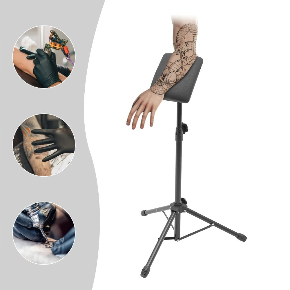 Tattoo Armrest Stand Adjustable Tripod with 15 Disposable Pads & 10 Gloves – 180° PU Padded Arm Leg Rest Portable Collapsible